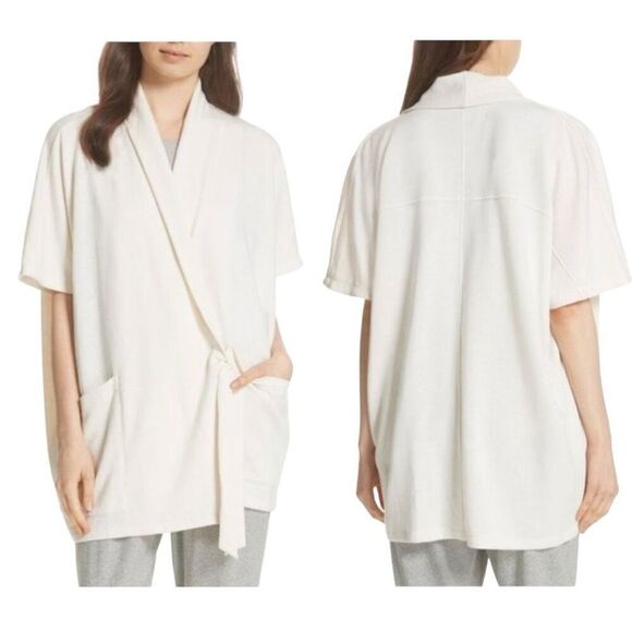 Eileen Fisher Ecru Oversized Cotton Terry Side Tie Kimono Wrap Jacket Large - Picture 15 of 15